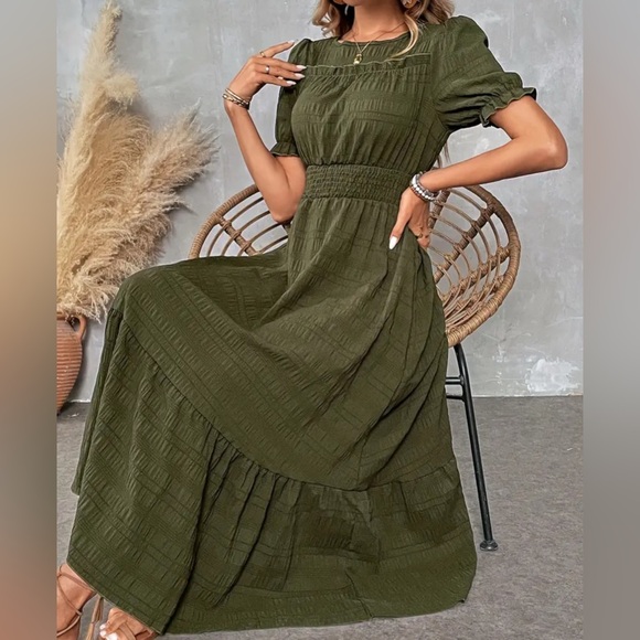 Passion of Essence Dresses & Skirts - Olive Textured Puff-Sleeve Midi Dress | Smocked High Waist, Tiered